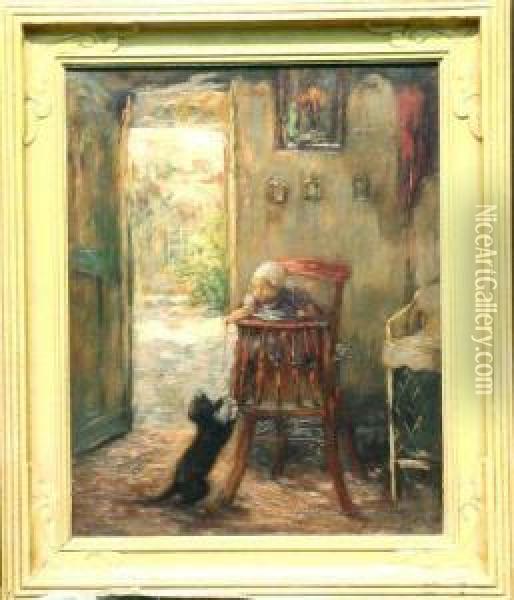 Infant Toying With The Cat Oil Painting - Frantz Charlet