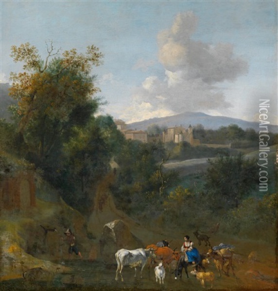 Suditalienische Landschaft Mit Hirten Und Vieh An Einer Wasserstelle Oil Painting - Hendrick Mommers