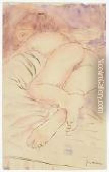 Two Watercolors.
Reclining Nude Oil Painting - Jules Pascin