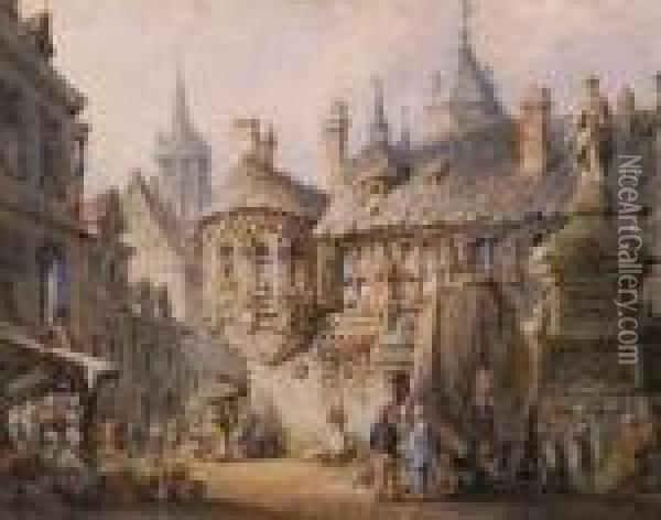 Figures In A Continental Street Scene Oil Painting - Samuel Prout