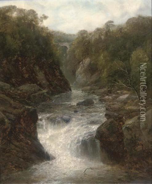 A Waterfall In A Narrow Valley Oil Painting - John Brandon Smith