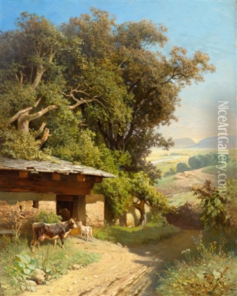Summer Landscape With A Cattle Shed And Animals Oil Painting - Sebastian Habenschaden