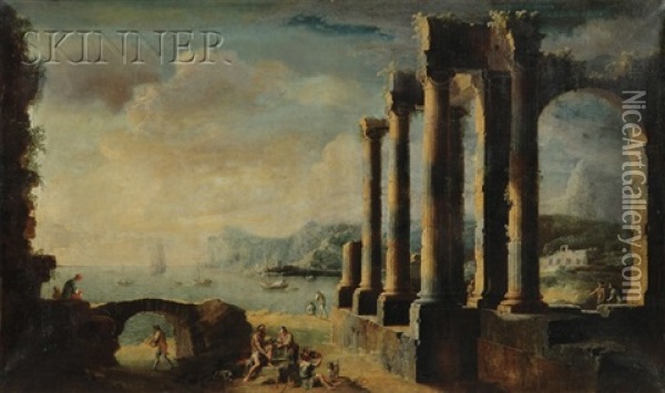 Landscape With Classical Ruins And Figures Oil Painting - Leonardo Coccorante
