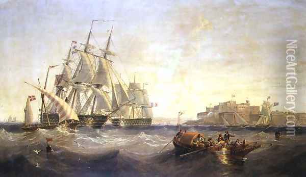 Malta, with French ship `Charlemagne' and English ship `Trafalgar' Oil Painting - James Wilson Carmichael