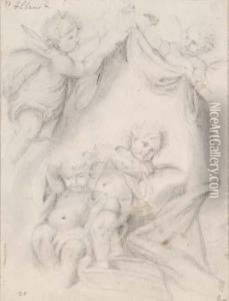 Study Of Cherubs Holding A Drapery Oil Painting - Francesco Albani