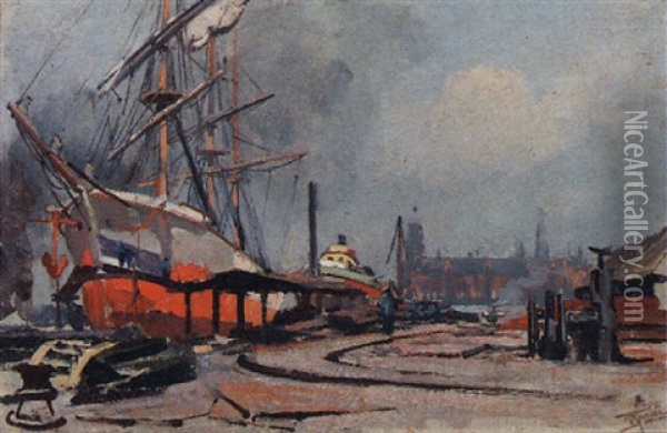 Moored Boats In The Harbour, Amsterdam Oil Painting - Hendrik Willebrord Jansen