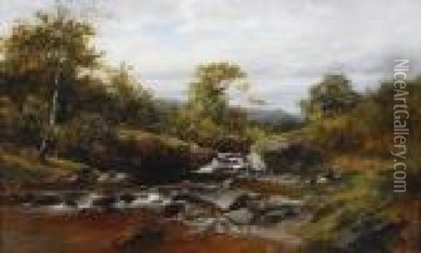 Figure And Dog By A Wooded River Oil Painting - David Bates