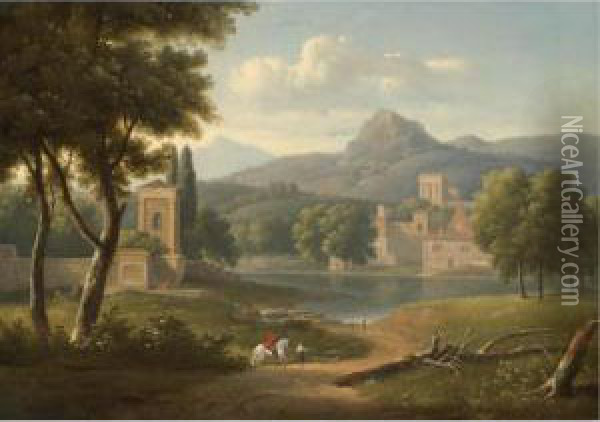 A Classical River Landscape With Travellers On A Path In The Foreground Oil Painting - Alexandre-Hyacinthe Dunouy