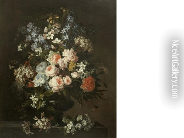 Roses, Carnations, Honeysuckle, Apple Blossom And Other Flowers In A Glass Vase On A Stone Ledge Oil Painting - Antoine Monnoyer