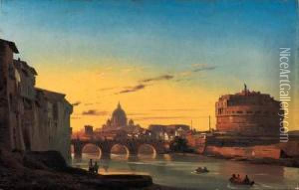 The Ponte Sant'angelo And The 
Castel Sant'angelo With The Dome Ofst. Peters In The Background Oil Painting - Ippolito Caffi