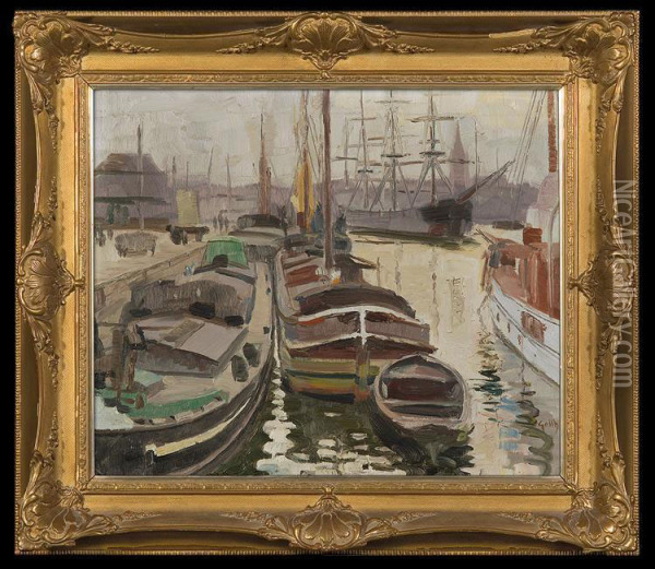 Barges In Ostende Port Oil Painting - Wilhelm Gallhof