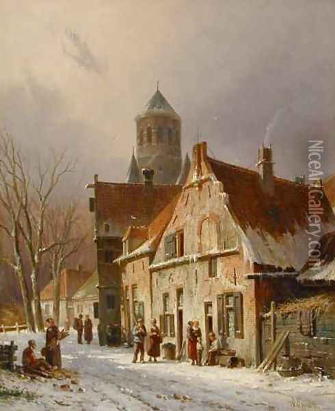Dutch Street Scene in Winter Oil Painting - Adrianus Eversen