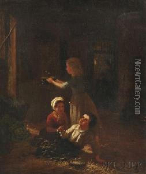 Children Playing With Bubbles In A Barn Oil Painting - Henri van Seben