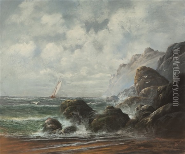 Rocky Coastal With Sailboat Oil Painting - Albert Bierstadt