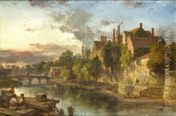 The Old Bridge And Ancient Palace On The Medway At Maidstone Oil Painting - Charles Tattershall Dodd