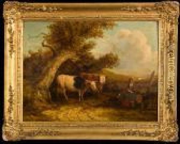 Figures And Cattle Oil Painting - Snr William Shayer
