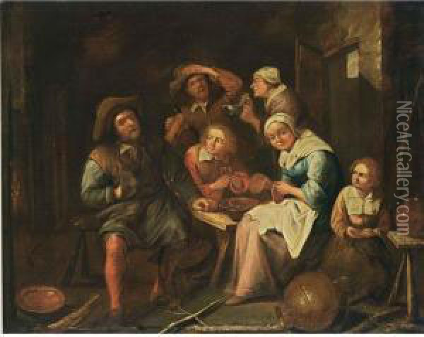 Peasants Eating And Drinking In An Interior Oil Painting - Gillis van Tilborgh