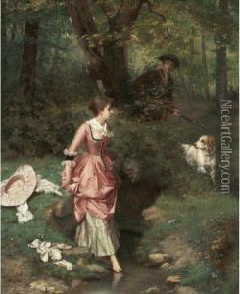 19th Century A Young Beauty Crossing A Brook A Hunter Beyond Oil Painting - Emile Pierre Metzmacher