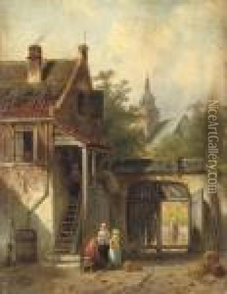 In The Courtyard Oil Painting - Charles Henri Leickert