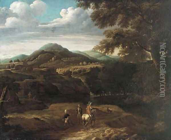 A wooded mountainous landscape with travellers on a track Oil Painting - Jacques d' Arthois