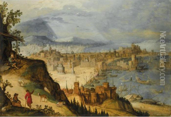 A Panoramic View Of An Imaginary City, With Travellers Resting In The Foreground Oil Painting - Hendrick van Cleve