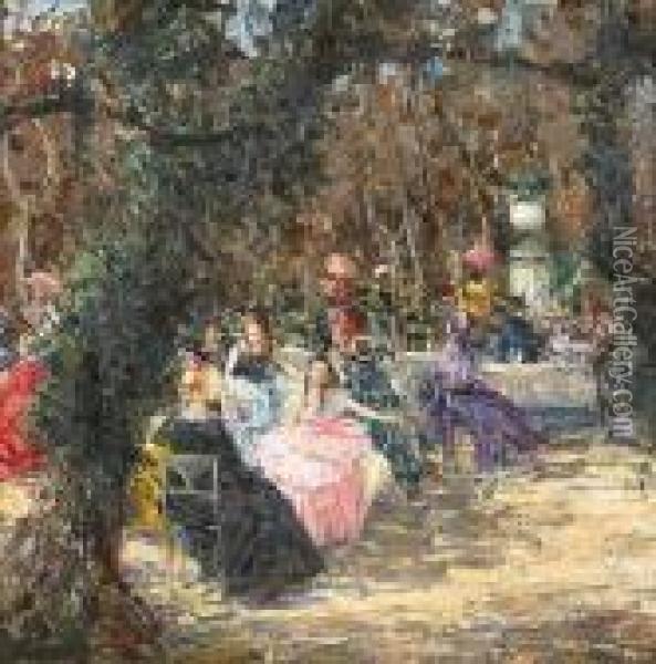 Elegant Figures Seated At Tables In A Garden Oil Painting - Luca Postiglione