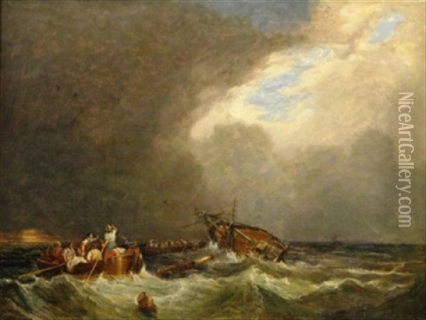 In Seenot. Rettung Der Besatzung Eines Untergehenden Schiffes Auf Sturmischer See Oil Painting - Hippolyte Benjamin Adam