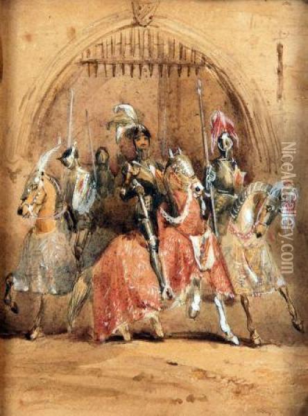 Heightened With White Knights On Horseback In A Castle Gateway Oil Painting - Hablot Knight (Phiz) Brow