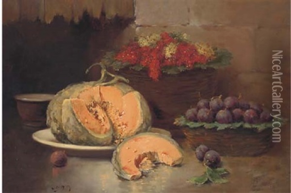 A Melon On A Plate, With Plums And Currants In A Basket To The Side Oil Painting - Emile Godchaux