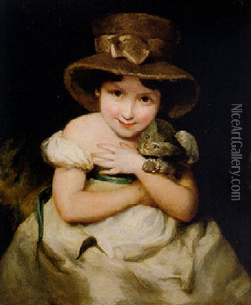 Portrait Of A Young Girl With A Kitten Oil Painting - William Owen