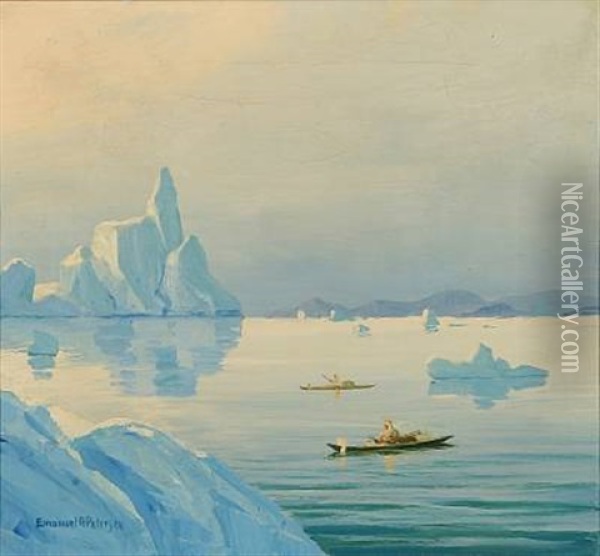 Two Hunters In Kayaks Oil Painting - Emanuel A. Petersen