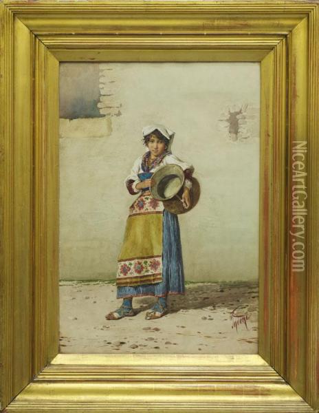 Study Of A Young Female Figure With Water Carrier Standing In A Street Oil Painting - Filippo Indoni