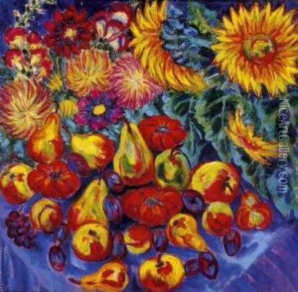 Sunflowers, Chrysanthemums And Fruit Oil Painting - Stanislaw Stuckgold