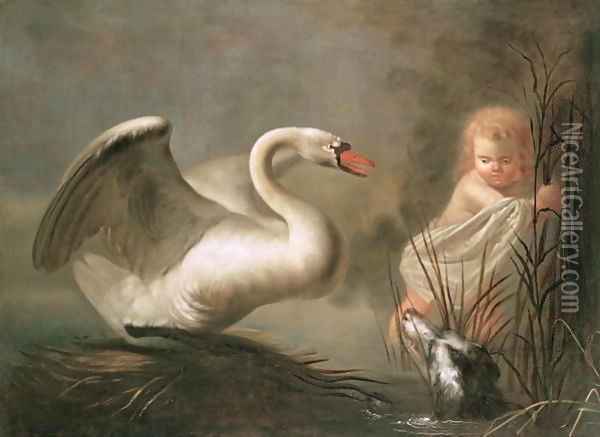 A Swan guarding its Nest from a Child and a Spaniel Oil Painting - Henry Herbert La Thangue