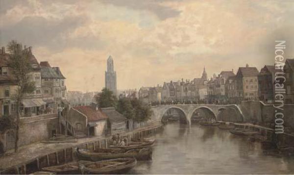 Figures On A Bridge In A Continental Town Oil Painting - William Howard Hart
