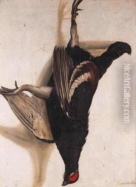 A Tromp-l'oeil Of A Blackcock Hanging From A Nail Oil Painting - Cornelis V. Bilt Der Biltius