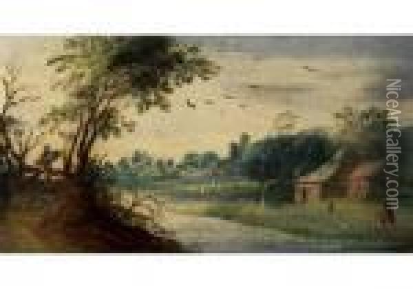 Kleine Niederlandische 
Landschaft Mit Flusslauf, Strohgedeckten Hausern Und Figurenstaffage Oil Painting - Jan Griffier I