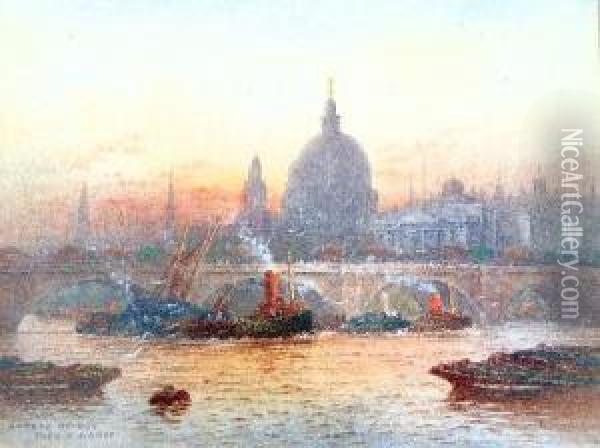 Pair,
London Bridge With St. Paul's Beyond,
And Tower Bridge,
Watercolours Heightened With White Oil Painting - Frederick E.J. Goff