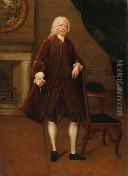 Portrait of a gentleman, full-length, in a brown coat and waistcoat, his left arm resting on a chair, his right hand holding a cane, in an interior Oil Painting - Arthur Devis