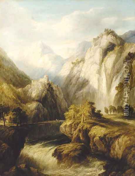 A mountainous river landscape with figures on a bridge and a town beyond Oil Painting - Frederick Henry Henshaw