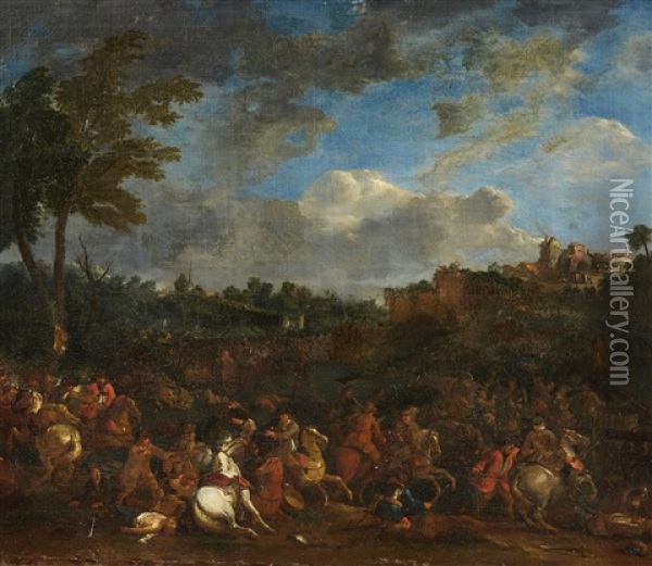 Cavalry Battle By A Village Oil Painting - Jasper Broers
