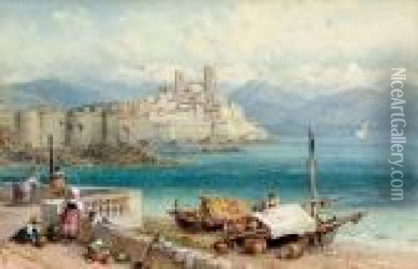 Children On The Waterfront At Porto Maurizio Oil Painting - Myles Birket Foster