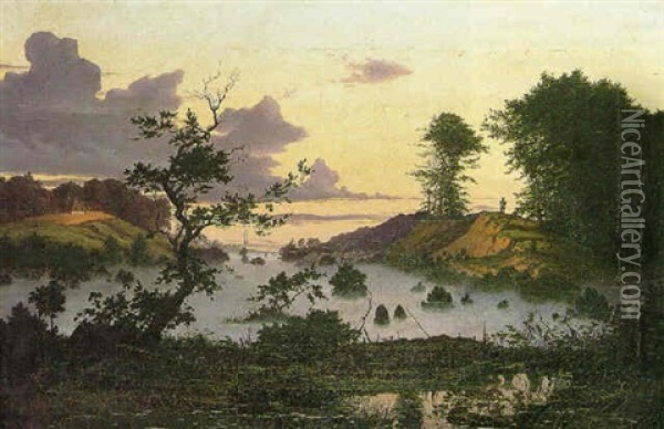 En Dampende Mose Ved Terkel Skov. Efter Solens Nedgang Oil Painting - Carl Scheuermann