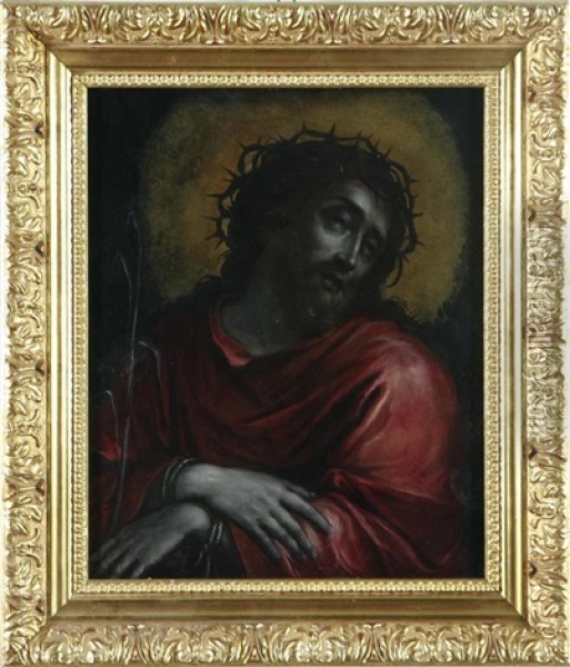 Mezzo Busto Di Gesu Con La Corona Di Spine E Palma In Mano, In Manto Rosso Oil Painting - Caspar de Crayer
