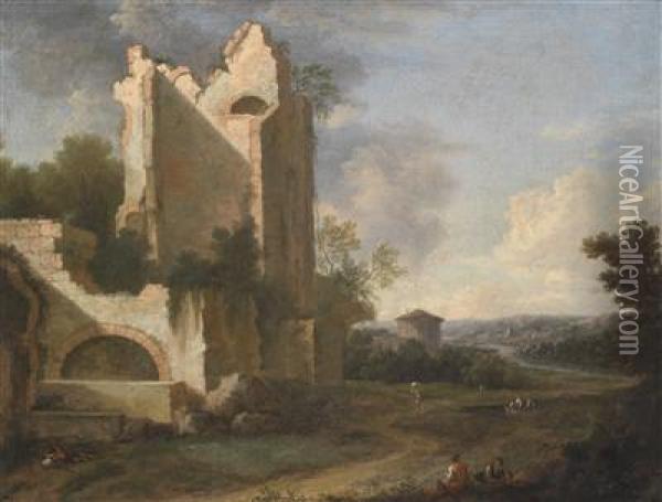 A Southern River Landscape With Ruins And Peasants Oil Painting - Bartholomeus Breenbergh