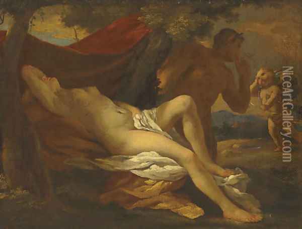 Jupiter and Antiope Oil Painting - Nicolas Poussin