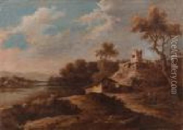 Paesaggio Fluviale Con Viandanti, Alcune Case E Una Torre Oil Painting - Paolo Anesi
