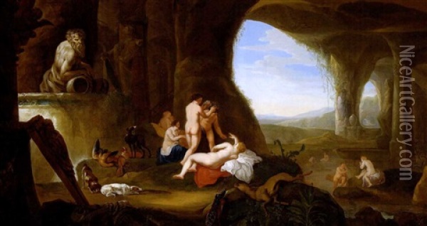 Diana Und Ihre Gefahrtinnen Nach Der Jagd In Einer Felsgrotte Ruhend Und Badend Oil Painting - Abraham van Cuylenborch