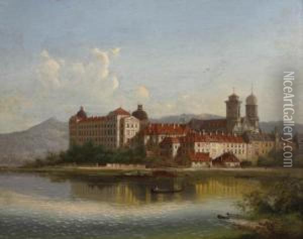 Monastery By A Lake Oil Painting - J. Wilhelm Jankowsky