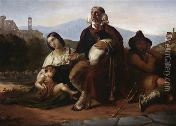 Musikantenfamilie In Der Camagna Romana. Im Hintergrund Die Castelli Romani(?) Oil Painting - Julius Storms